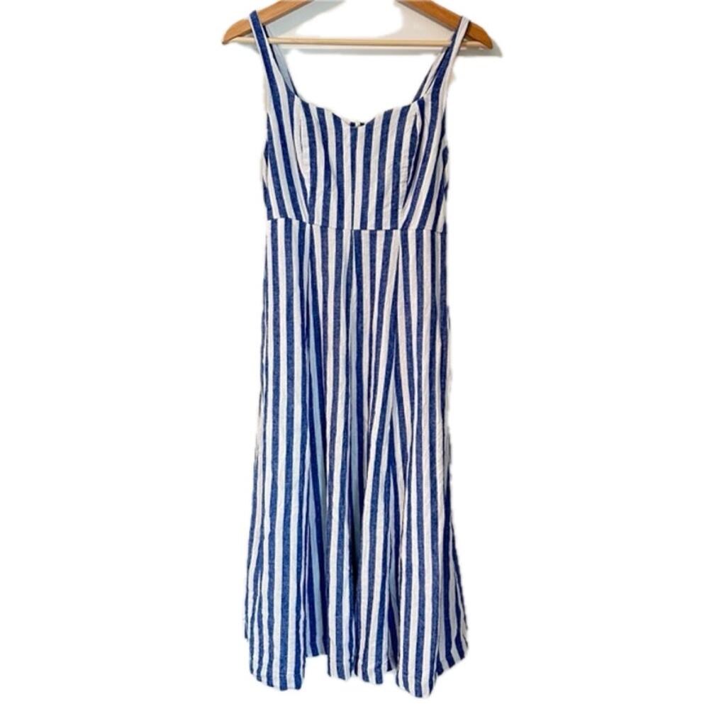 Old Navy Linen Blend Midi Dress Size S Blue-White Stripes Classic Coastal